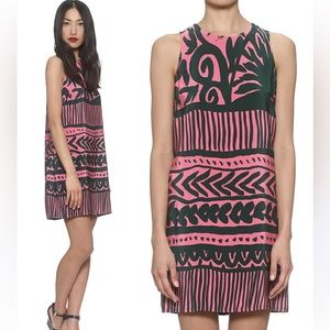 Whistles 100% Silk Green and Pink Sleeveless Shift Mini Dress